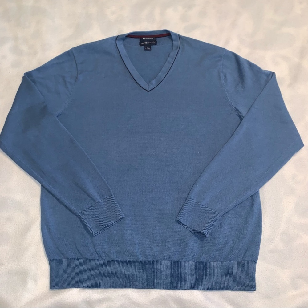 Lands' End Mens 100% Cotton Drifter V-Neck Sweater Blue Sz Large EUC